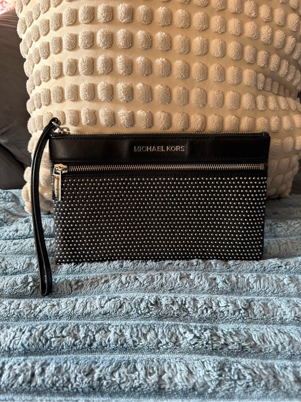 Michael Kors Black Studded Zip Wristlet Clutch with Silver Hardware